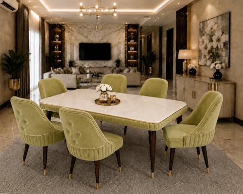 Image of WOODEN SPACE 6-Seater Wooden Dining Table Set | Nano Composite Marble Top | Solid Wood Base | Modern Dining Room Furniture with 6 Chairs (Light Green Grand Aura)