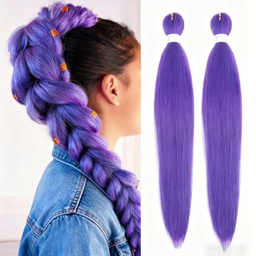 Purple Braiding Hair 24 Inch Long Pre Stretched Hair Extensions Purple for Braids Kids Women Stage Party Wig Clip in Hairs Extensions Halloween Costume Cosplay Props for Girls 2PCS