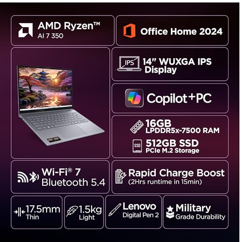 Image of Lenovo IdeaPad 5 2-in-1 AMD Ryzen AI 7 350 (16GB RAM /512GB SSD /14 (35.5cm) /WUXGA IPS /Copilot+PC /Windows 11 /Office 2024 /Lenovo Digital Pen 2 /1Yr ADP /Grey /1.6Kg), 83KT000JIN Convertible Laptop