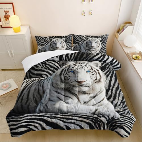 lneffble 3Pcs White Tiger Comforter Set Twin Size for Teen Boys Girls Room Decor,3D Animals Print Comforter Set,Wild Animals Theme Black White Stripe Tiger Bedding Set