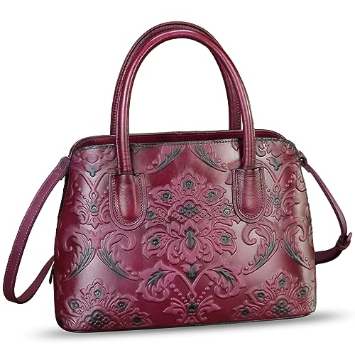 Image of Genuine Leather Handbag for Women Top Handle Satchel Handmade Retro Embossed Leather Vintage Crossbody Purse
