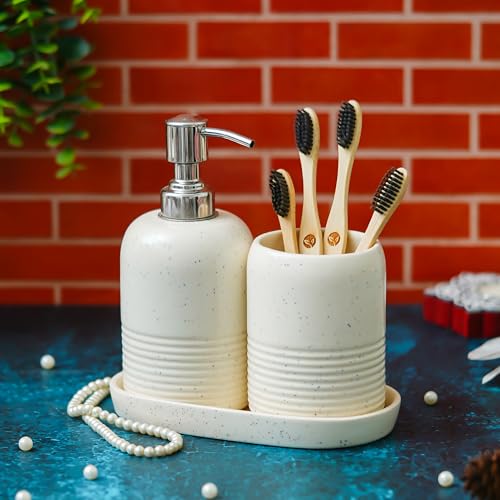 Image of Ceramic Bathroom Accessories Set of 3 | Soap Dispenser, Toothbrush Holder & Multipurpose Tray | Modern Bathroom Organizer Set for Home, Bathroom, Wash Basin & Kitchen Use, Light Cream