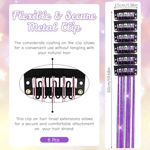 Image of MAYCREATE 6pcs Hair Tinsel Extensions Glittering Clip-on Purple Glittering Tinsel Hair Extensions for Styling Girls Fairy Kit for Party, Festival