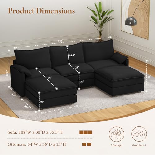 Image of Vesgantti 108 inch U Shaped Sectional Couch, Comfy Cloud Modular Sectional Sofa with 2 Ottoman Deep Seat Chenille Modern Cloud Sofa, Modular Sofas for Living Room, Bedroom and Apartment, Black