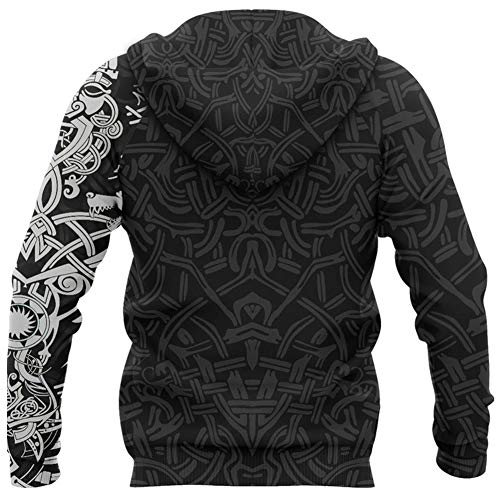 Viking Hoodie, Norse Mythology Wolves of Fenrir 3D Novelty Print Full Zip Big Pockets Jacket, Fashion Street Harajuku Vintage Cool Outdoor Sweatshirt,Black2,M2