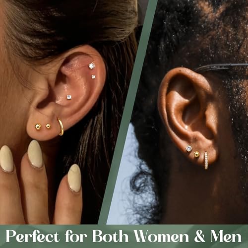 FASACCO 14K Gold Earrings for Women Men 925 Sterling Silver Post Earrings Studs Hypoallergenic Small Ball CZ Hoop Stud Earring Sets for Multiple Piercing3