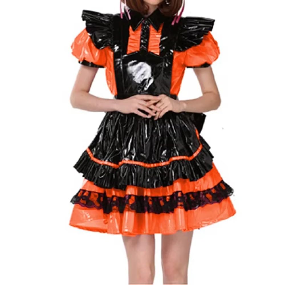 ERFSQIYALHJ Lockable PVC Puff Sleeve A-line Dress Halloween Party Cosplay Maid with Apron Lolita Dress (Orange,5XL)