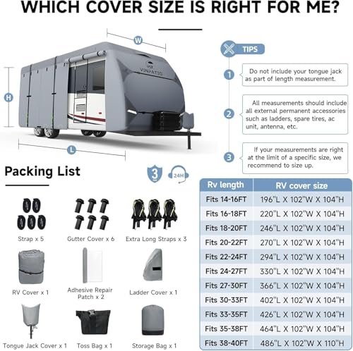 Image of VINPATIO RV Cover Fits 35'-38': 7 Layers Heavy Duty RV & Trailer Cover, Toy Hauler Cover Travel Trailer Cover, Camper Cover with Tongue Jack Cover, Extra Windproof Straps, Gutter Covers