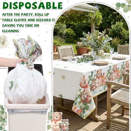 Image of 3 Pack Plastic Safari Baby Shower Tablecloth, 54 x 108 Inch Disposable Woodland Forest Animal Neutral Gender Reveal Party Eucalyptus Leaves Table Cover for Forest Birthday Friendship Party Decor