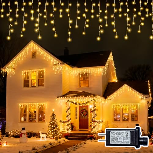 BYIZO Christmas Outdoor Icicle Lights - 200 LED 21+16 FT 8 Modes Curtain Fairy String Light Plug in Waterproof for Eaves Yard Holiday Xmas Holiday Indoor Outdoor Decoration - Warm White