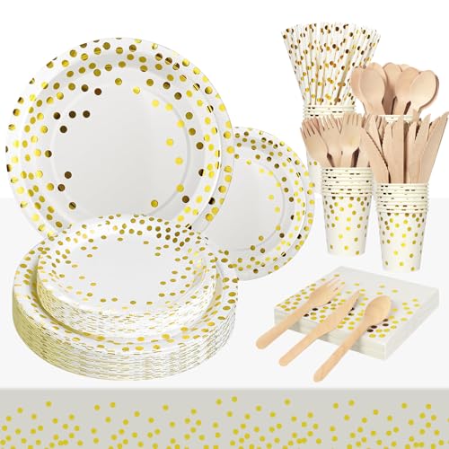 193Stück Weißgold Partygeschirr,Partyzubehör Pappteller Set,Wiederverwendbar ​Papier Geschirr Set einschließlich Tischdecke Teller Becher...