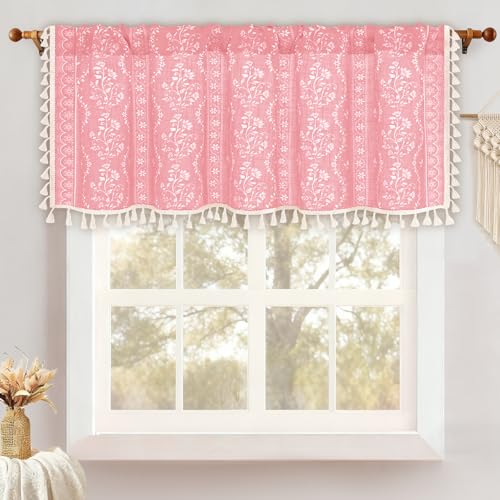 Image of Yinhua Boho Valance Curtains Vintage Linen Pink Kitchen Valances for Windows Light Filtering Bohemian Floral Valance Rod Pocket Farmhouse Tassel Window Valances for Bathroom Cafe, 52 inch W X 18 inch L