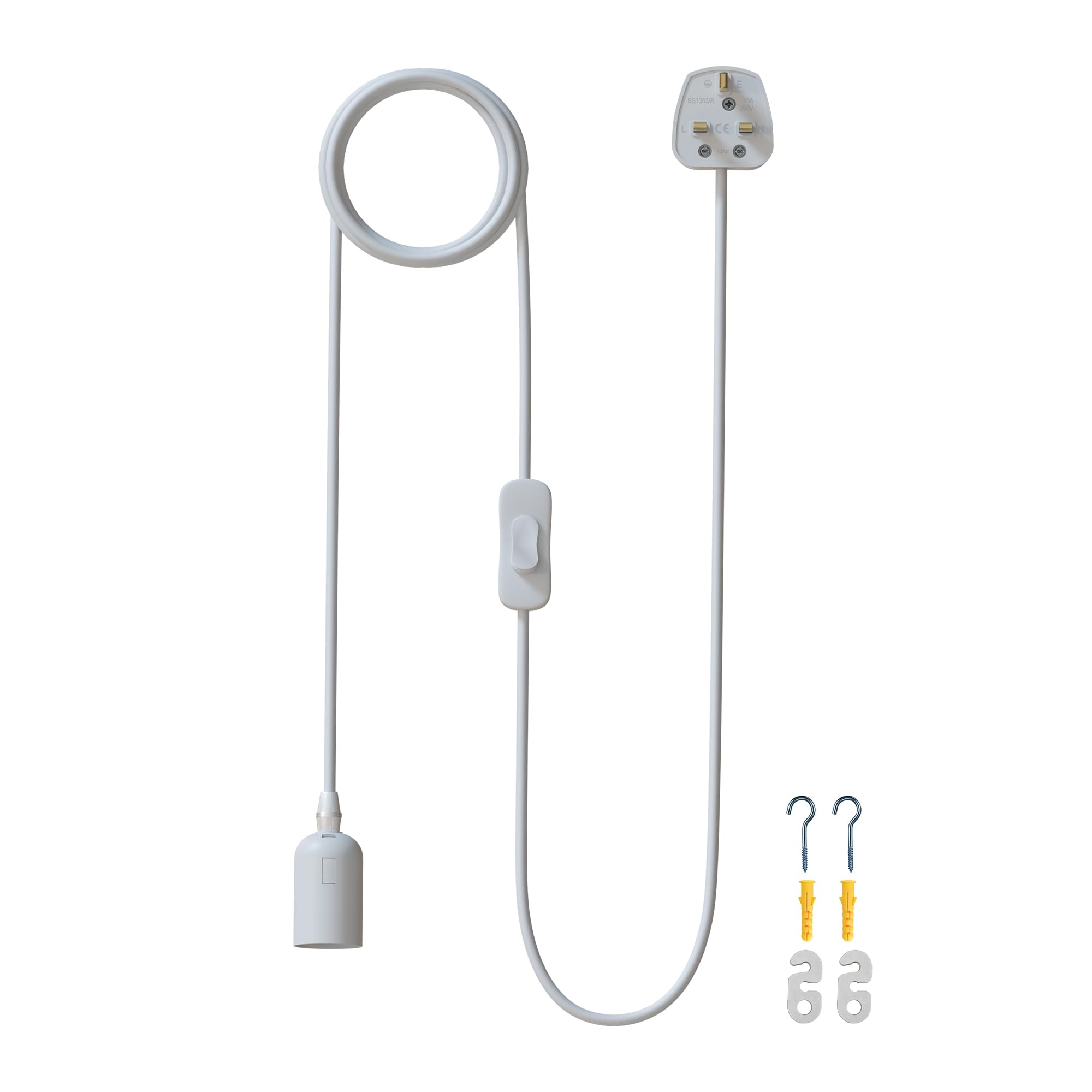 LEDSone Pendant Light Fitting with Plug-in, 4.5m 2 core lamp Cable, On-Off Switch E27 Lamp Holder Suspended Kit for Bed Room Living Room (4.5m White, with Plain Holder)