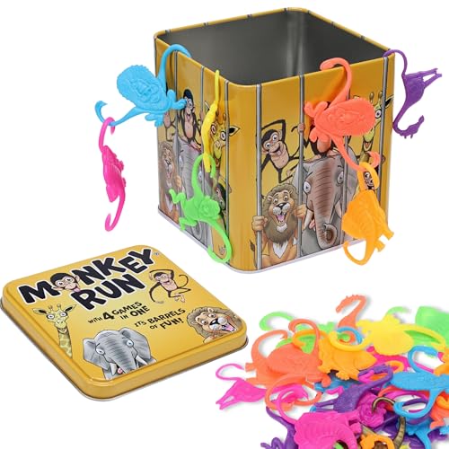 TDC Games Monkey Run – Monkey Linking Chain Game in Tin Box, 32 Colorful Animal Figures, Four Games in One, Travel Games for 1–4 Players, Dexterity Tabletop Party Games