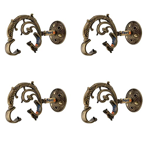 Image of FERIO Double Curtain Brackets Zinc Antique Brass Heavy Curtain Supports for Door and Window Curtain Brackets Set /Holder for 1 Inch Rod 2 Set (Pack of 4 Pcs)