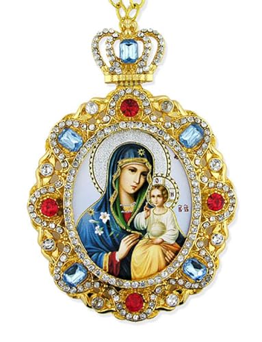 Jeweled Russian Icon Pendant Medal Madonna and Child Virgin Mary With Christ Jesus Child 7 3/4 Inch, Saint Mary Eternal Bloom, Religious Gift for Woman Her