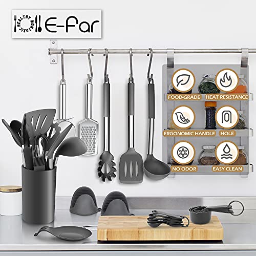 Silicone Kitchen Utensils Set, E-Far 30-Piece Cooking Utensils Set With Holder, Heat Resistant Kitchen Spatulas Turner Tong Spoon Whisk Ladle For Nonstick Cookware, Stainless Steel Handle (Gray) #TOP6