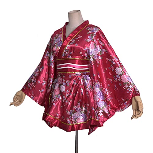 Image of HUAHUA Women's Sexy Short Kimono Dress Floral Print Japanese Traditional Geisha Robe Bathrobe Skirt Belt Outfit
