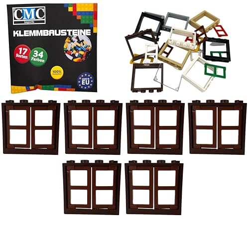 CMC imports Klemmbausteine 6 Fenster + Fensterrahmen 1x4x3 Noppen City Gebäude Stadt 60594 (Dunkelbraun - Braun)