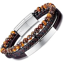Pulseras Trendhim PROTON JEWELERS - Pulsera para hombre de cuero - Brazalete de tacto suave - Diseño trenzado - Piedra natural Ojo de Tigre - Cierre magnético de acero inoxidable - Regalo ideal - Color Plata