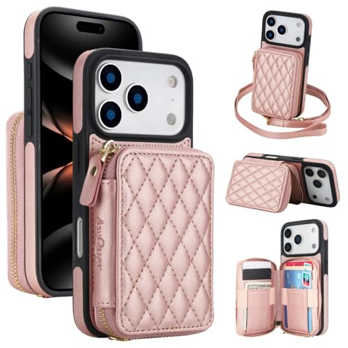 Housse iPhone 16 en cuir or rose motif grille haut de gamme avec portefeuille zippé