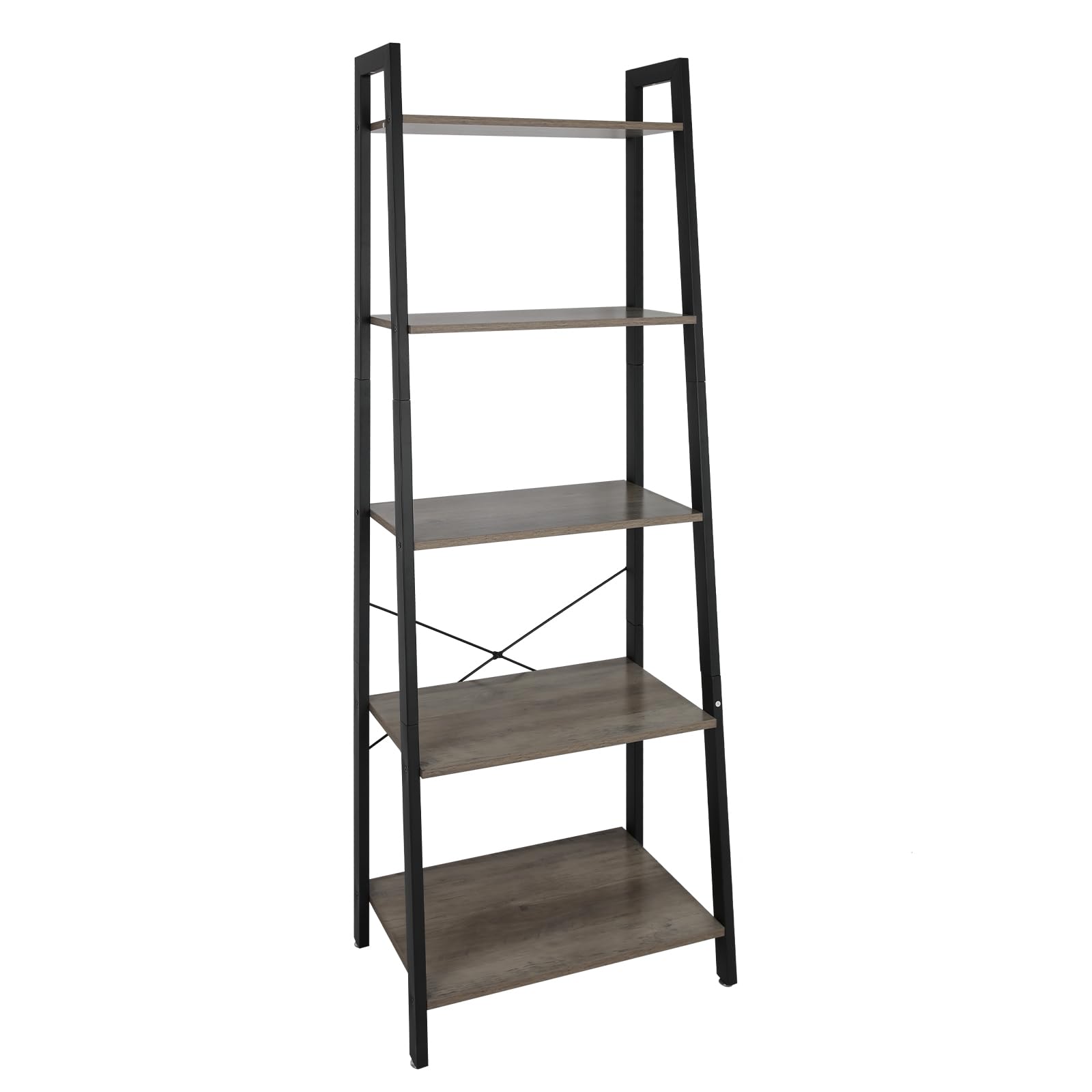 ECOMEX 5 Tier Ladder Shelf, Industrial Ladder Shelf 5 Tier Bookshelf Rustic Ladder Shelf Freestanding Storage Rack with Metal Frame for Home Living Room Bedroom Office, Grey