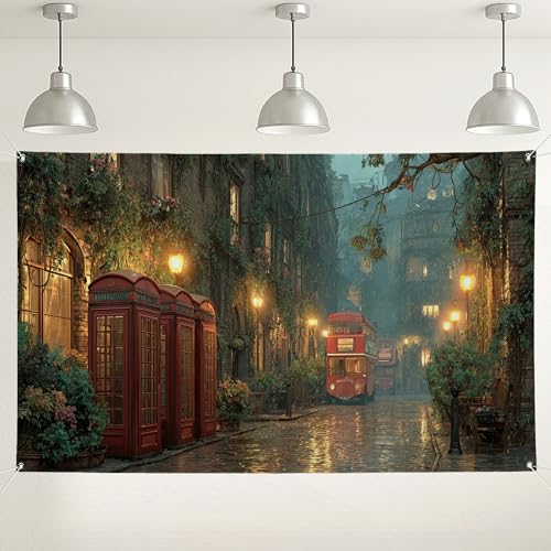 Toile de fond vintage de Londres, scène de pluie confortable, décorations de fête, fond de photographie rétro pour événements, fournitures de cabine de vacances d'automne/hiver, 180 x 109 cm