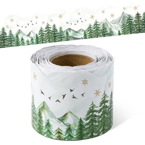 BeYumi Forest Mountain Border Trim - 65ft Back to School Sage Green Watercolor Forest Wonderland Rolled Border Trim Green Mountain Bulletin Board Party School Classroom Office Chalkboard Home Decor