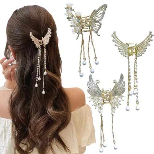 Ypkia Pinza para el pelo de mariposa pequeña dorada, metal con flecos, para mujer, perlas y brillantes, accesorio elegante para el cabello para mujeres y niñas (3 unidades)
