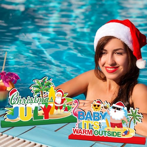 Image of 4pcs Summer Christmas Decorations Wood Table Centerpieces Baby It's Warm Outside Merry Christmas Party Table Decorations Mele Kalikimaka Santa Claus Style Tabletopper