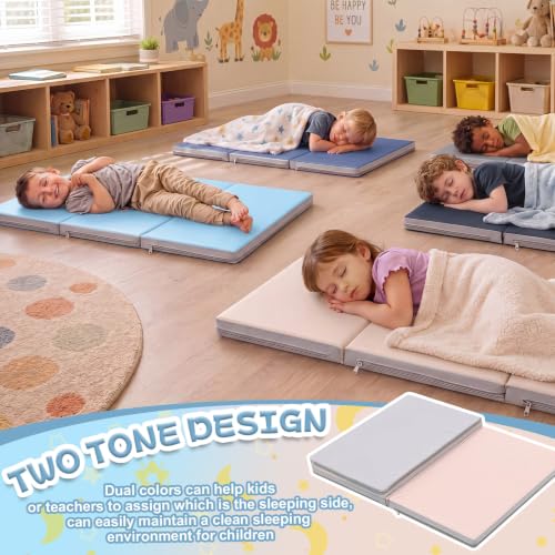Image of Wesiti 5 Pcs Folding Kids Nap Mats for Preschool Daycare, 3 Section Folding Rest Mats Sleeping for Kids Toddler Nap 1 Inch Thick, Kindergarten School Classroom Supplies (Morandi)