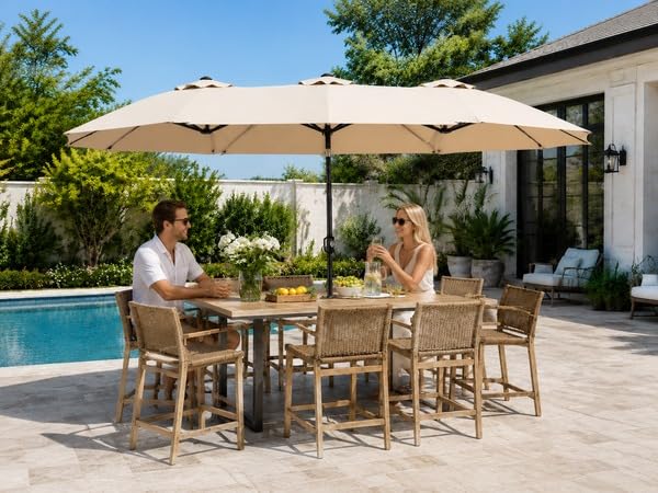 DWVO 13ft Double-Sided Patio Umbrella with Crank, Waterproof UV Protective Beige Outdoor Umbrella for Backyard Deck by DWVO - Used condition - Image 2