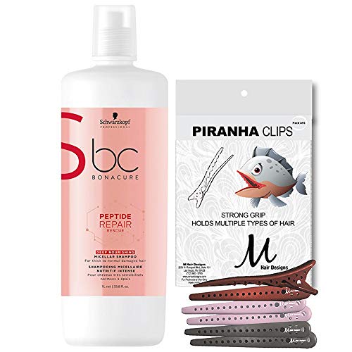 Schwarzkopf BC Bonacure Micellar Shampoo Peptide Repair Rescue Deep Nourishing 1 Liter and M Hair Designs Piranha Hair Clips (Bundle - 2 items)