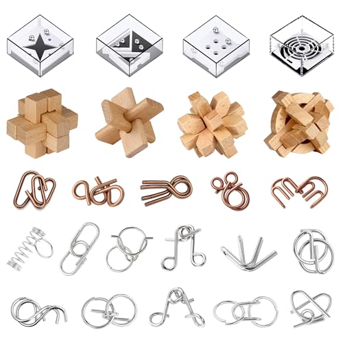 Rubypop 24 Pack Brain Teaser Puzzle Set, Metal & Wooden Puzzles with Balance Challenges, IQ Logic Games and Mind Teaser Toys for Kids Teens and Adults