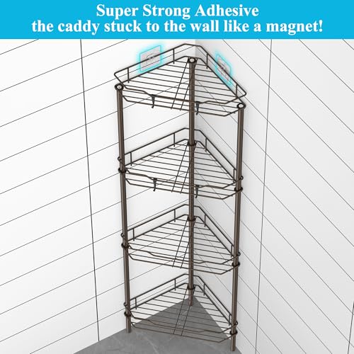 Image of HuggieGems 4 Tier Floor Standing Corner Shower Caddy Organizer Shelf with Hooks, Bathroom Shelves Stand Rack, Bronze