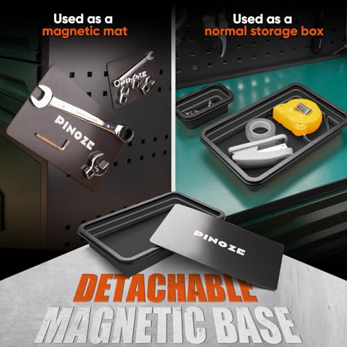 Image of PINOZE Collapsible Magnetic Parts Organizer Trays & 12 inch Flexible Magnetic Pickup Tool, 3 Different Size Magnet Tool Trays & Pick-Up Sweeper for Screw, Bolts, Nuts, Washers, Pins and Metal Parts, Black