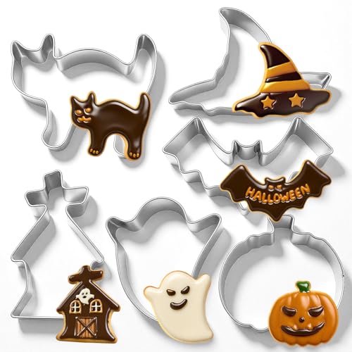 Horror-themed cookie cutters - Witch's Hat, Pumpkin, Ghost, Cemetery,Bat and Cat Cutter - Stainless Stee (Silver)
