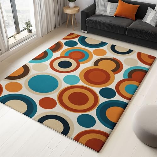 Alfombra pequeñas antideslizante de TPR lavables a máquina, pelo corto Alfombras suave seguro Retro Círculo Moda Hogar Pintura Decorativa, para familias con niños y mascotas 80 x 150 cm Beige