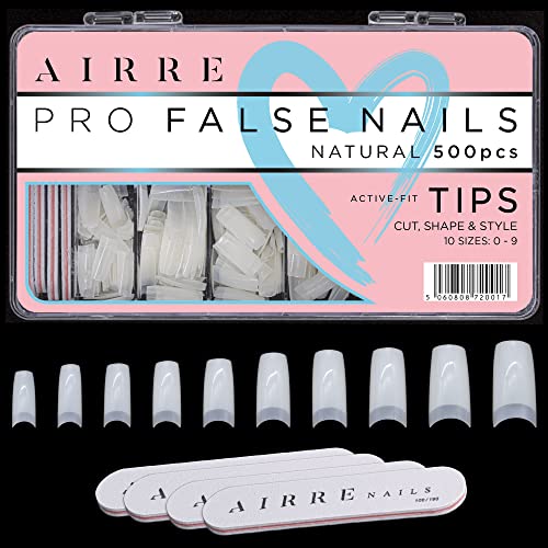 AIRRE 500 Profi Gelnägel & 4 Feilen mit Box - (10 Größen) Französische Halbmond Fake Nails, Für Salons und zu Hause, Schneiden, Feilen & Formen, UV/LED Gel, Lack und Nagelkunst (Natur) Cover