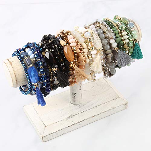 Riah Fashion Coin Bead Multi Layer Versatile Statement Bracelets - Stackable Beaded Strand Stretch Bangles Sparkly Crystal, Tassel Charm (Natural) #TOP5