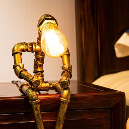 Image of Steampunk Table Lamp, Vintage Industrial Metal Robot Table lamp, Water Pipe Table Lamp, Steam Punk Pipe Lamp Style Desktop Light for Bar Cafe Desktop Room Decoration