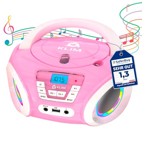KLIM Candy Kids CD Player für Kinder - NEU - UKW-Radio - Inklusive Batterien - Rosa - Boombox tragbar - CD Spieler Kinder- mit Lautsprechern, Kleinkinder (Pink)