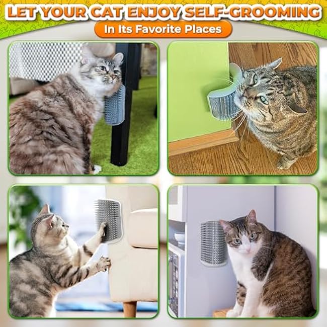 Cat Corner Scratcher ¨C Cat Self Groomer for Indoor Cats ¨C Wall Brush with Face Scratchers and Catnip | Easy to Install, Soft Massage, Fur Remover, Grooming Tool Also Works as Hand Comb for Cats-vdqn76ak