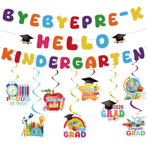 Image of Preschool Graduation Decorations, 11PCS Bye Bye Pre-K Graduation Banners Hanging Swirls Party Decor, Colorful Next Stop Kindergarten Congrats Grad Party Supplies