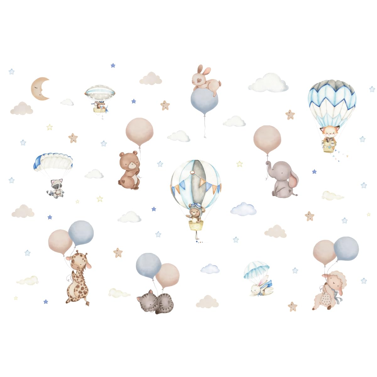 Kibi - Adhesivos de pared para habitación infantil, diseño de animales con globos, decoración mural para niños, nubes y estrellas, 130 x 88 cm, azul y beige
