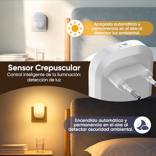 2 Piezas Luz Nocturnas infantil con Enchufe, Sensor de Luz Inteligente Crepuscular, 5 Brillos Regulables, 3 Modos, Blanca Cálida Noche para Habitación Bebé, Escalera, Cocina, 0,3W Sin Control Remoto - Imagen 3