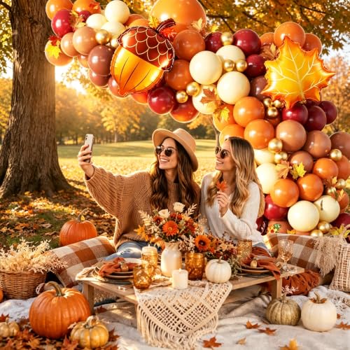 Image of 162pcs Fall Balloon Arch Kit, Thanksgiving Garland in Burnt Orange Burgundy Coffee Nude Balloons with Foil Pumpkins, Pinecones & Maple Leaves for Thanksgiving Autumn Harvest Birthday Party