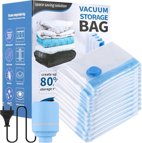 Bolsas de vacío para ropa edredones con bomba eléctrica, 13 unidades, para viajes, liberación rápida del aire, ahorra espacio, resistente al polvo y al agua, tamaño extra para una mayor compresión