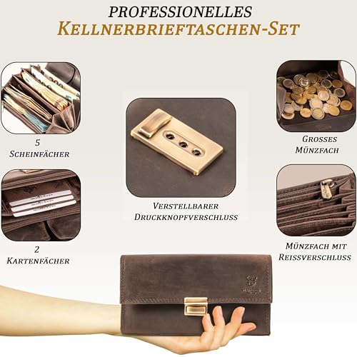 MATADOR Kellnerportemonnaie Leder #VICIO inkl. XXL Kellnertasche mit Gürtel Schlaufe, Luxus Kellner Geldbörse Leder mit edler Geschenk Box und RFID Schutz inkl. robuster Metall Kette, Braun Dunkel