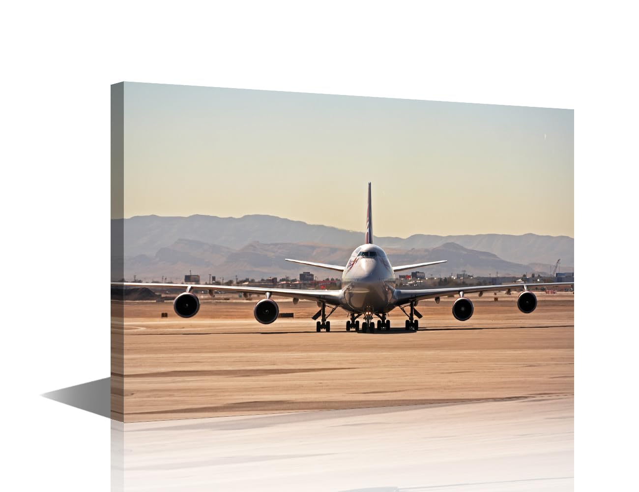 Aircraft Pictures Home Decor A Head on View of A Boeing 747 Wall Art Mountain Sunset Scevery Artwork 1 Panel Printed on Canvas Dusk Landscape Paintings Giclee Framed Ready to Hang(24"Wx36"H)